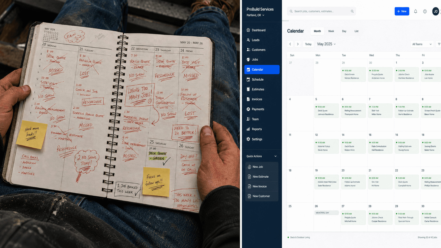 Before: chaotic paper calendar. After: a clean pipeline full of booked outdoor kitchen builds.